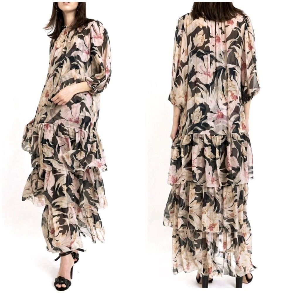 Christy Lynn Sara Dark Lily Print 💯% Silk 3-Tiered Maxi Dress SMALL
